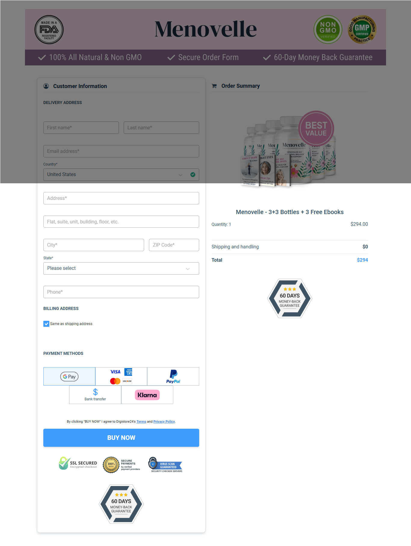 Menovelle Payment Screen